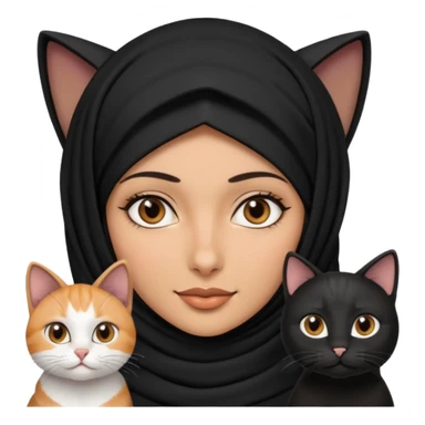 A Arabic woman human with brown eyes and black hijab. , two cats, the both cats have the colour black and white in the same colour,   sticker