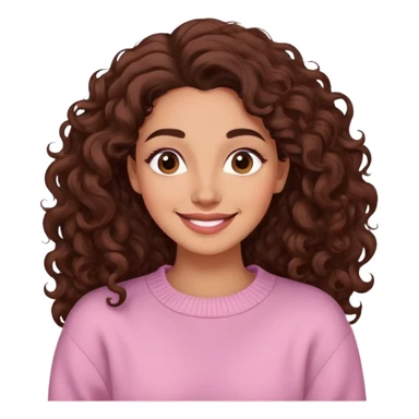 Mujer piel light brown canela, cara ovalada, cejas definidas, pelo súper largo rizado marron oscuro, raya al lado. Sonrisa amplia, expresión suave-alegre. Sweater largo rosado claro. sticker