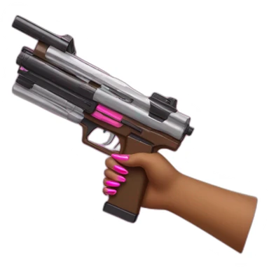 brown hand with pink nails holding large scary dark nerf gun sticker