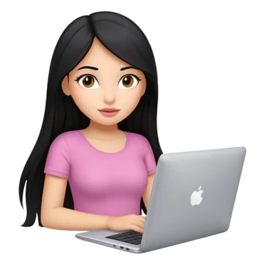 Cute adorable latina girl, straight long black hair, big eyes, plumpy big lips, working with silver laptop, thin body, pink too sticker