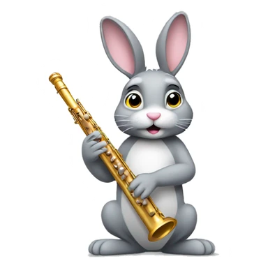 A gray bunny holding a flute sticker