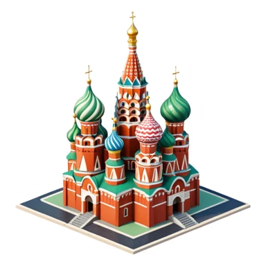 Isometric illustration of Moscow, featuring photorealistic Saint Basil's Cathedral with colorful onion domes, hand-drawn painterly details, subtle texture on bricks and roofs, realistic shadows and soft lighting, muted yet vivid color palette, diorama miniature effect. sticker
