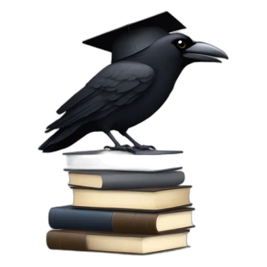 raven in student cap with a stack of gray and brown books sticker