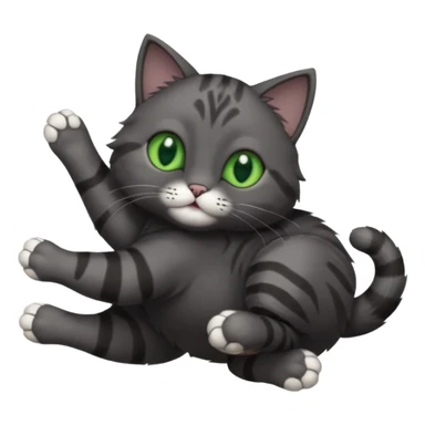 solid dark grey cat with green eyes, completely solid grey face, white toes/paws playing rolling upside down sticker