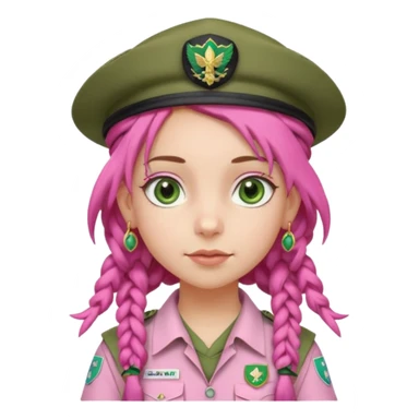 very pretty girl big green eyes, scout girl with pretty pink uniform, pink dreadlocks, and big earrings and scouts hat sticker