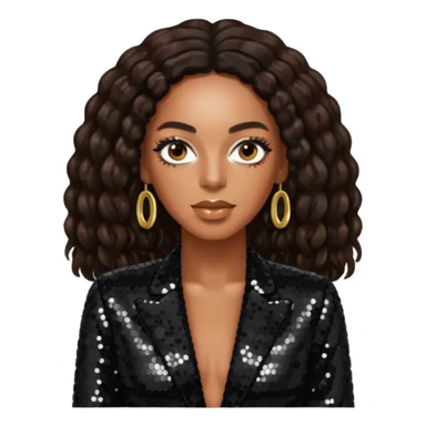 Solange with long dark brown hair, black sequin outfit sticker