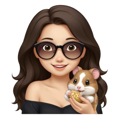 modern emoji of a young woman with light skin, long wavy dark brown hair, black off-shoulder top, warm eyes, soft smile, cute hamster with sunglasses on her shoulder eating a seed, both playful and happy, pastel or neutral background, clean cheerful charming style sticker