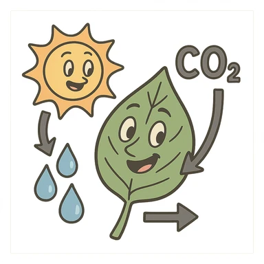 cartoon-style diagram of photosynthesis: leaf, sun, water droplets, and CO2 arrows, transparent background sticker