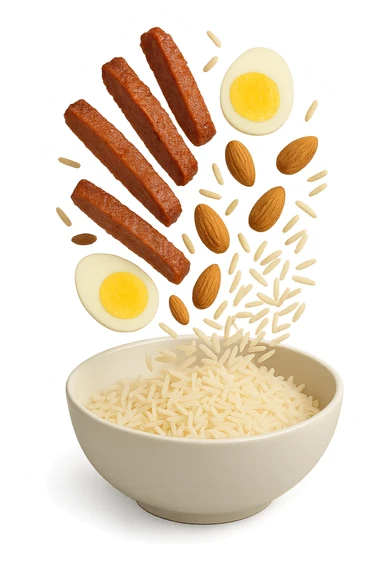 bowl bianca in cui cadono verticalmente fettine di carne, uova sode, mandorle e riso basmati sticker