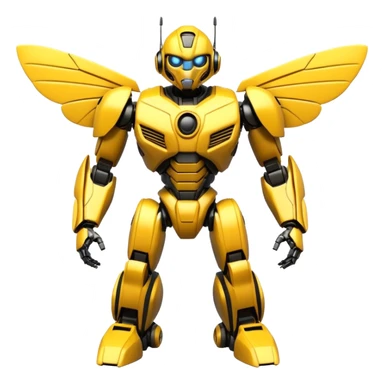 Futuristic robotic bumblebee character in the exact style of Bumblebee from Transformers movies, highly detailed 3D model sticker