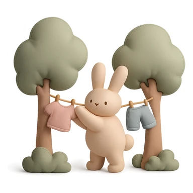 bunny hanging laundry between trees, calming domestic forest feel, soft pastel colors sticker