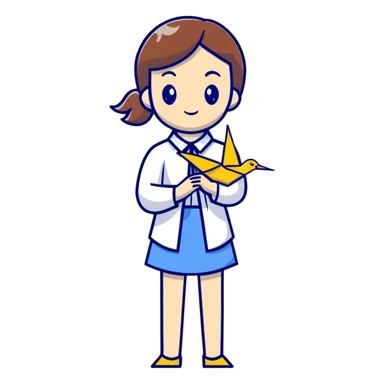 A Ukrainian young girl wearing a white embroidered shirt holds an origami yellow-blue crane sticker
