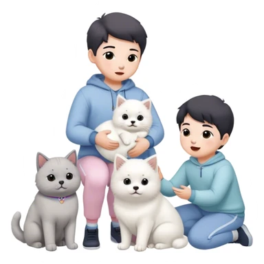 children in pastel clothes play with a Samoyed and a black British cat sticker