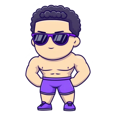 shirtless male athlete with white skin and moderately curly black hair on top with shaved sides, wearing purple sunglasses with black tinted lenses sticker
