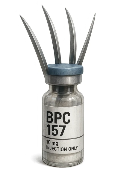  fiala medica con la scritta "BPC 157" SULL'ETICHETTA E GLI ARTIGLI DI WOLVERINE CHE SPUNTANO DA DIETRO sticker