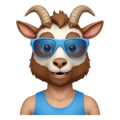 3D cartoon goat man portrait, head and shoulders, brown fur, small horns, blue reflective sunglasses, slight smile, tank top, soft lighting, centered, clean background, no text, no watermark
 sticker