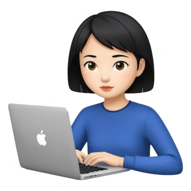 Asian girl with black short hair using Mac laptop sticker