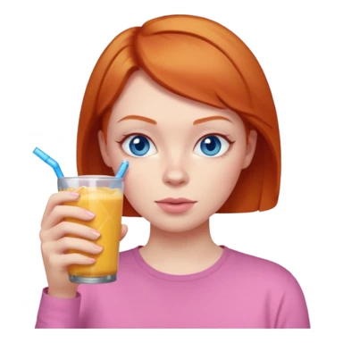 ginger woman short hair, pink shirt, sipping energy drink blue eyes cosy  sticker