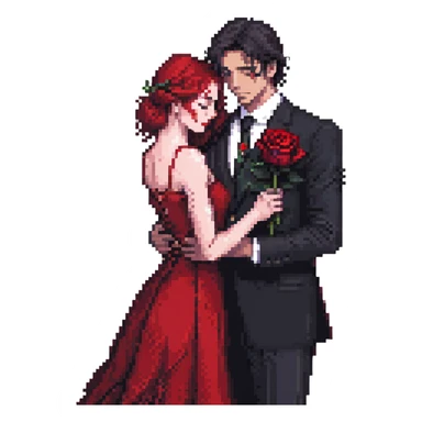 pixel art of a tango couple, man in black suit with red rose, woman in red dress, dramatic pose, close embrace, expressive, classic tango, emoji size, cute and vibrant sticker