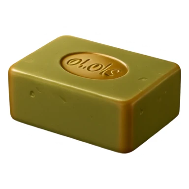 rustic matte soap block, rectangular or cube-shaped, warm olive green or brown, slightly irregular edges, subtle embossed stamp, no foam or packaging, soft lighting, subtle shadows, emoji scale sticker