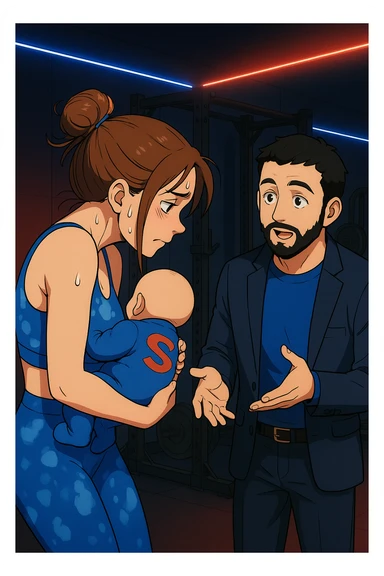 ispirati a questo stile di disegno e fai questa immagine in versione manga/webtoon a colori, il manga mostra la donna preoccupata di profilo con la postura sbagliata e incurvata, spalle chiuse e curve in avanti, con un neonato in braccio con una tutina azzurra e la scritta "S" sulla schiena, spina dorsale storta della donna in evidenza mentre ascolta l'uomo mentre l'uomo gli sta spiegando una cosa, ma non fare i fumetti, fai come se stessero parlando sticker