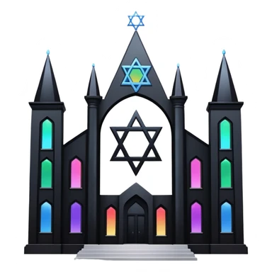 jewish synagogue temple in dark goth aesthetic style with black building and very light rainbow tint glass windows and star of david and celestial symbolism sticker