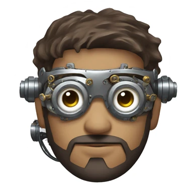 male cyborg head with brown short hair, brown beard, silver steampunk goggles and circuitry sticker