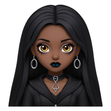 dark skin, goth bratz baddie, beautiful brown eyes, gothic black makeup, long black hair, black gothic hair styled, black goth clothes sticker