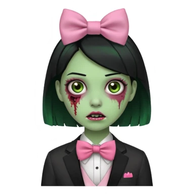 zombie green skin girl, black hair with pink bow tie sticker