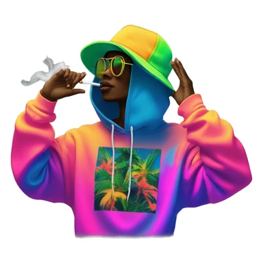 Multicoloured neon person smoking wearing hoodie dancing hip hop bucket hat tropical Skater fashion aesthetic baggy clothes graphic t shirt 420 sticker