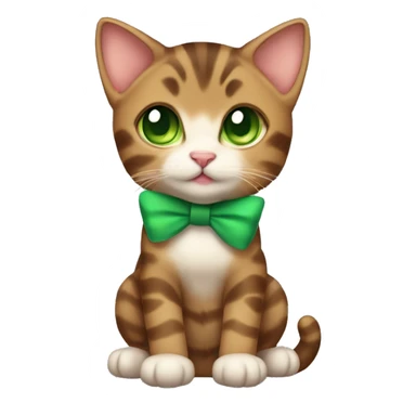 kawaii brown tabby kitten with green eyes and bow on top of head full body sticker