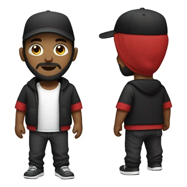 Man with beard, wearing black jogger, red shirt and black cap sticker
