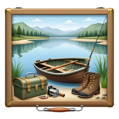 Icon for Fishing: a boat on the shore of a peaceful water body with a beautiful natural landscape, a fishing tackle box, a spinning rod, and boots nearby. The icon should capture the tranquility and gear of a fishing adventure. Transparent background. sticker