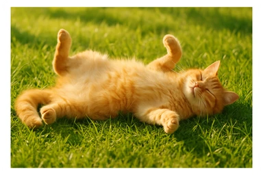 ginger cat rolling on its back in grass, summer, relaxed, fluffy belly sticker