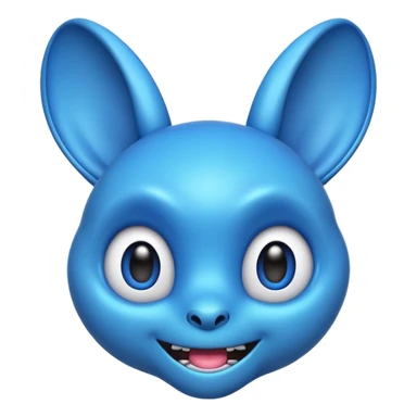 cute blue alien emoji with big floppy ears, sharp teeth, wide eyes, mischievous smile, fun, playful, friendly but a little wild, vibrant 3D emoji style, soft shading, bold outlines, round emoji head format, Apple or WhatsApp style sticker