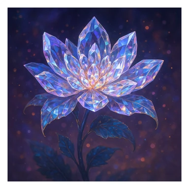 A crystal flower, delicate petals made of translucent gemstone, sparkling with light, in a magical fantasy style. sticker