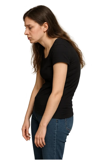 fai immagine identica ma di una donna con capelli lunghi, iperrealistico 4k, postura storta con spina dorsale storta sticker