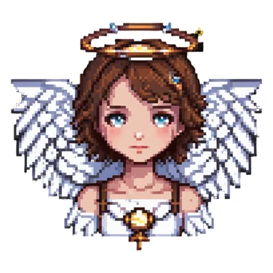 gothic girl with fair skin and short brown hair, angel wings and a halo, pixel art style sticker