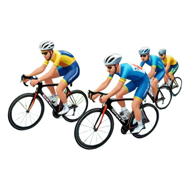 A dynamic icon of a professional cycling race. Cyclists in colorful jerseys speed along a winding road, their bikes leaning into the turn. The background showcases rolling green hills, a bright blue sky, and cheering crowds along the roadside. The scene radiates energy and motion.  sticker