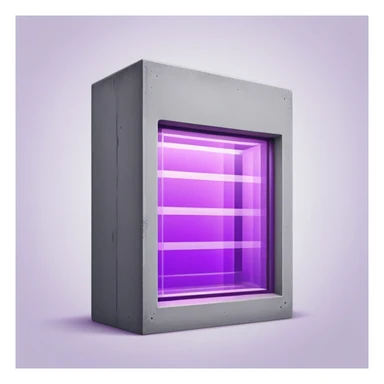 Minimalist gray concrete panel building with one window glowing bright purple from grow lights inside, simple rectangular structure sticker