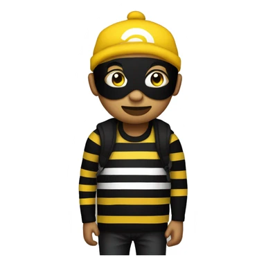 Yellow skin guy with a black top mask and a black beanie and a shirt black and white striped with a money bag on his left shoulder sticker