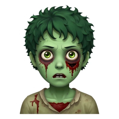 zombie character with green skin, messy short curly black hair, and no glasses. Give him large expressive eyes, a slightly frightened or eerie expression, subtle wounds, dark under-eye shadows, and a few cracks or dried blood marks on the face.  sticker