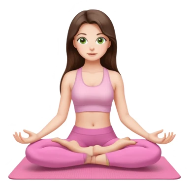 Brunette long hair and green eyes yoga beautiful girl in light pink pink pink clothes sitting on a yoga mat sticker