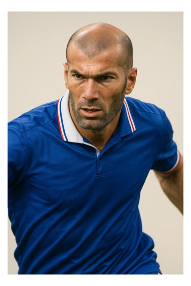 Zinedine Zidane, iconic French footballer, bald head, intense expression, blue jersey, in a dynamic pose, simple background sticker