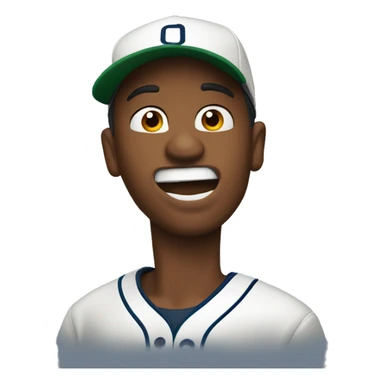 Guy with backwards baseball hat biting lip and pointing to his cheeck sticker