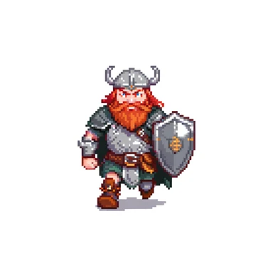 pixel art ginger viking with red beard and armor, running animation frame 1, legs wide apart sticker