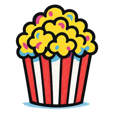 popcorn in a classic red and white striped box, vibrant, playful, suitable for an emoji or icon sticker