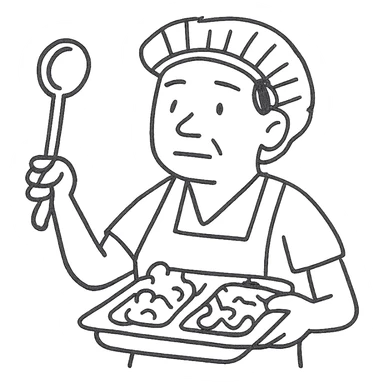 hand-drawn outlined icon of a lunch lady holding a ladle and a tray of gross food sticker