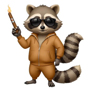 friendly anthropomorphised raccoon in a Sopranos-style mafia tracksuit, wearing dark sunglasses, holding a cigar, confident pose sticker