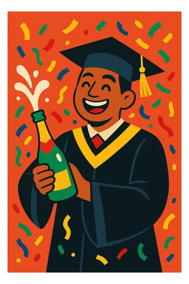 happy Mexican graduate, confetti raining down, popping a champagne bottle, celebratory and colorful atmosphere sticker